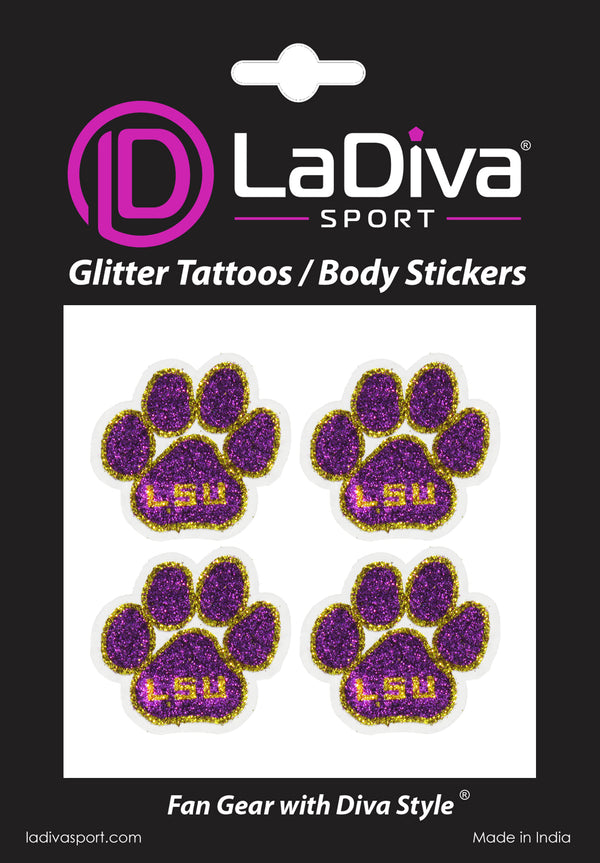 Louisiana State Tigers Paw Print Glitter Tattoo 4-pack - LaDivaSport